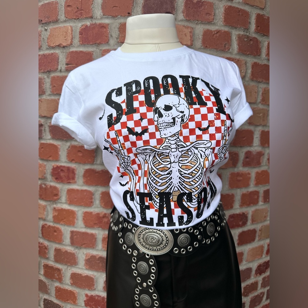 White Spooky Season Skeleton Halloween Graphic Tee
